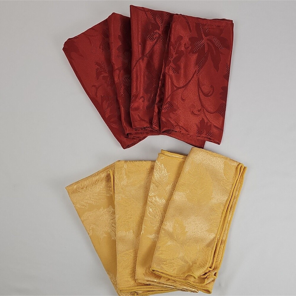 Set of 8 Fall Cloth Napkins 4 Red 4 Gold Jacquard Floral Thanksgiving 1 17x17